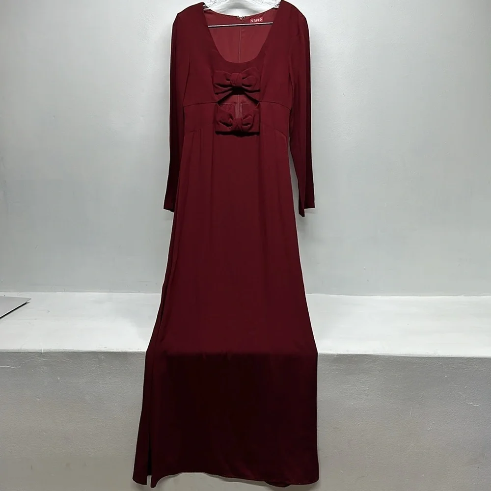 Staud Lido Dress Maxi Long Sleeve Cutout Bow Evening Gown Dark Red New Size 8 - Picture 2 of 13